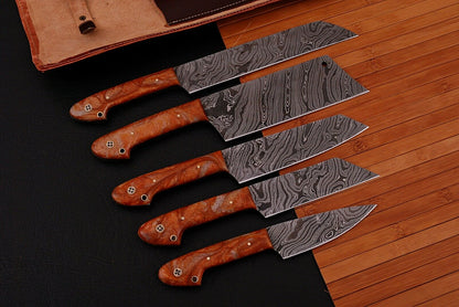 HS-204 Custom Handmade Damascus KItchen-Chef Knives Set Lot Of Five Pecs With Resin Handle