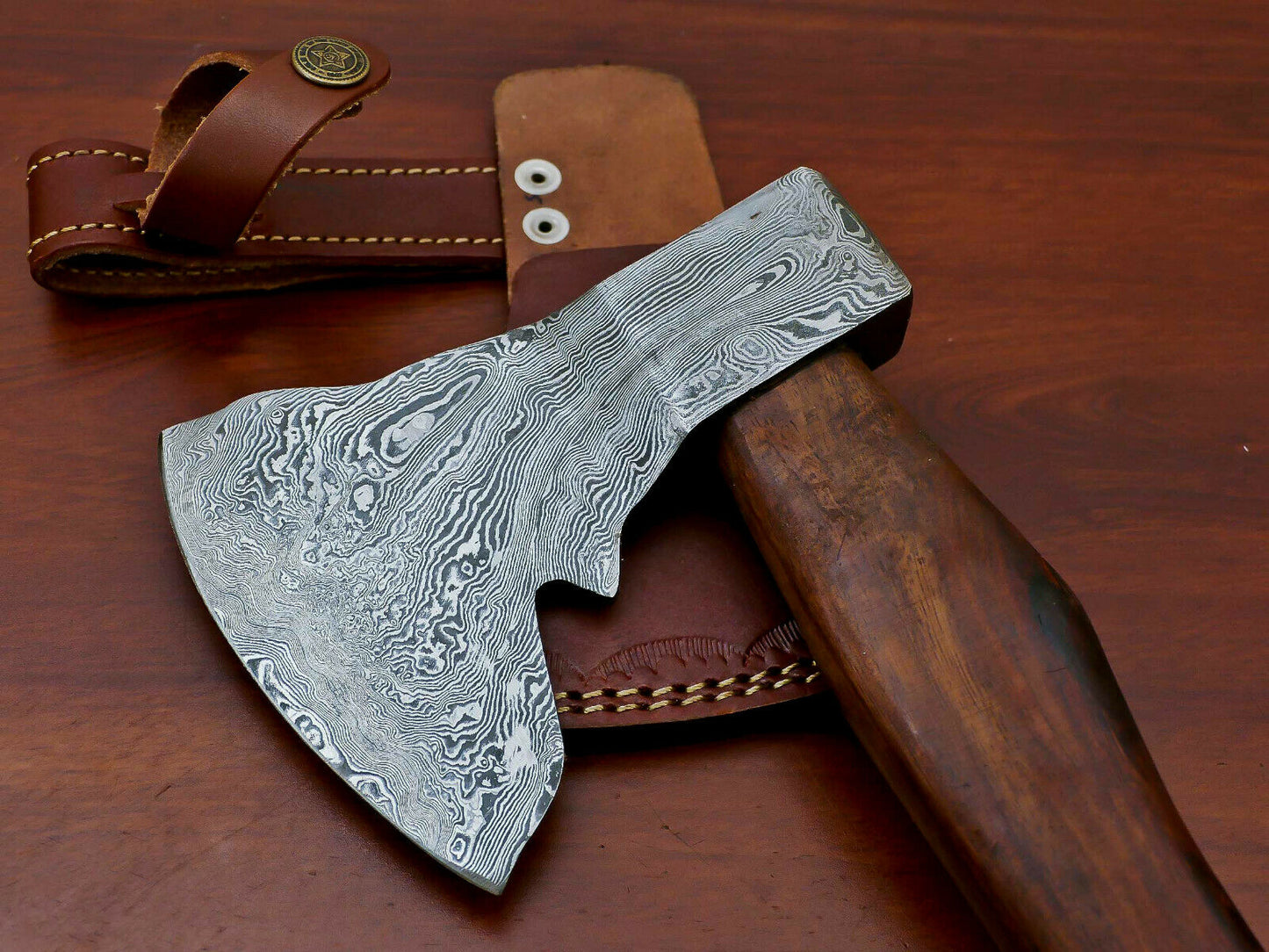 HS-1066 | Custom Handmade Damascus Hand Forged Tomahawk knife, Hatchet, Axe, Integral With Natural Wood