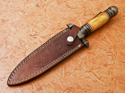 HS-869 Custom Handmade Damascus Dagger Knife With Colored Camel Bone Handle