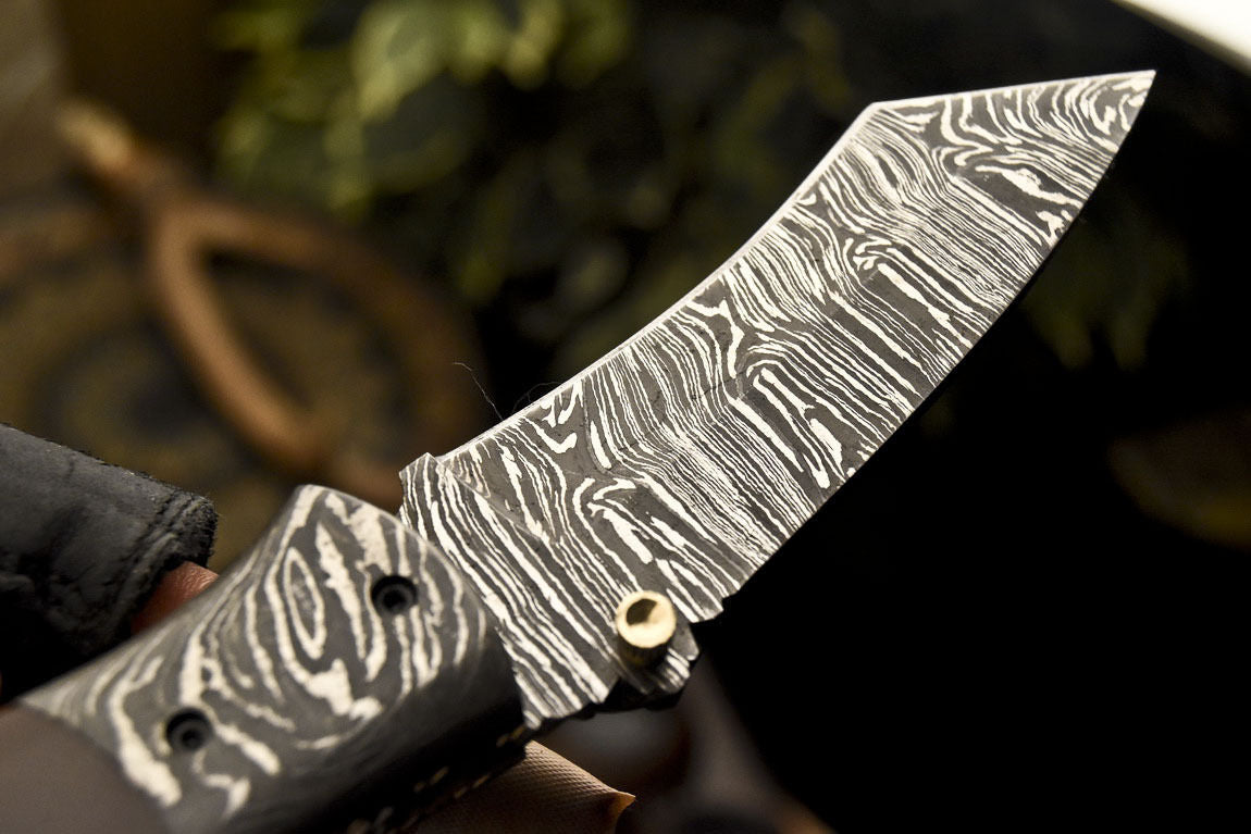 Custom Handmade Damascus Folding Knife With  Brown Micarta Handle