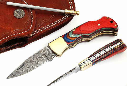 Custom Handmade Damascus Steel Back-Lock Pocket | Folding Knife | Leather Sheath-Hard Wood Handle