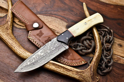 HS-405 | Custom Handmade Awesome Camel Bone/Buffalo Horn Handle Damascus Steel Hunting Knife - Great Price