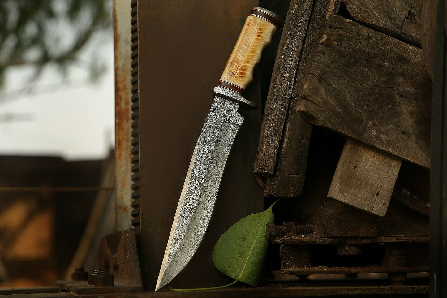 HS-303 15'' Hand Forged Bowie Knife, Beautiful Bone Handle, Damascus knife with sheath