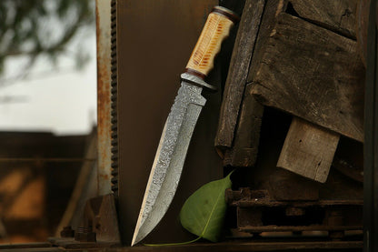 HS-303 15'' Hand Forged Bowie Knife, Beautiful Bone Handle, Damascus knife with sheath