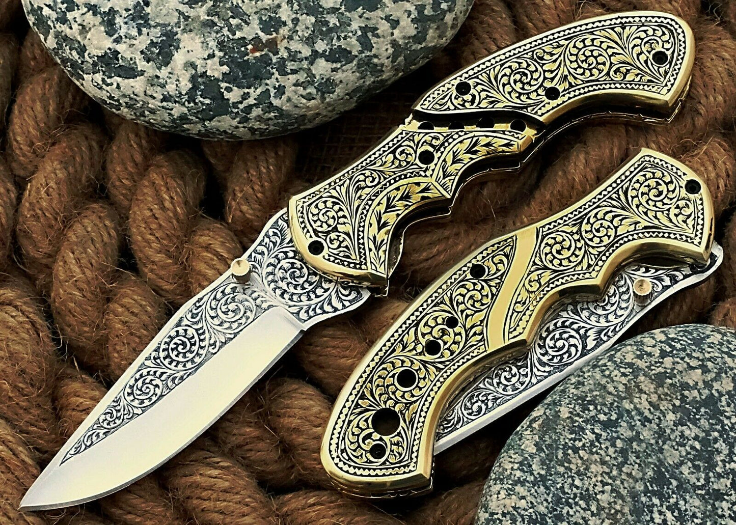 Custom Hand Engraved Folding-Pocket Knife Life Time Used With Brass Engraved Handle