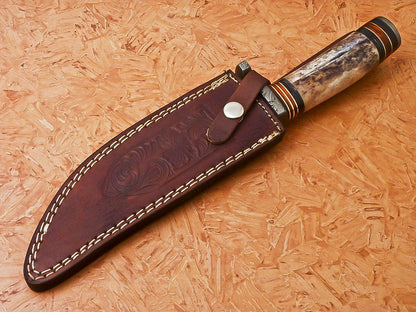 Custom Handmade Damascus Hunting Knife With Camel Bone Handle