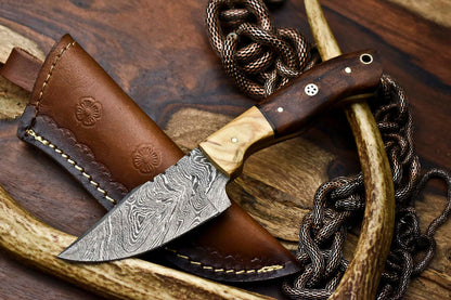 HS-687 Custom Handmade Damascus Steel Skinner Knife - Beautiful Wood Handle