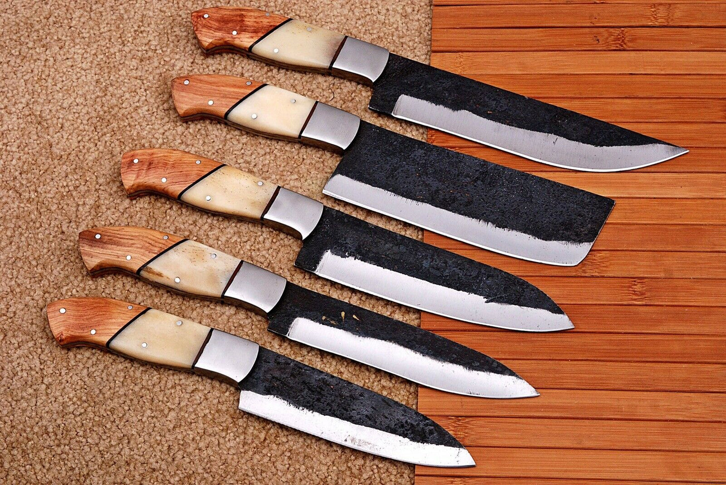 HS-186 Custom Handmade High Carbon Steel Chef-Kitchen Knife Set With Wood And Bone Handle