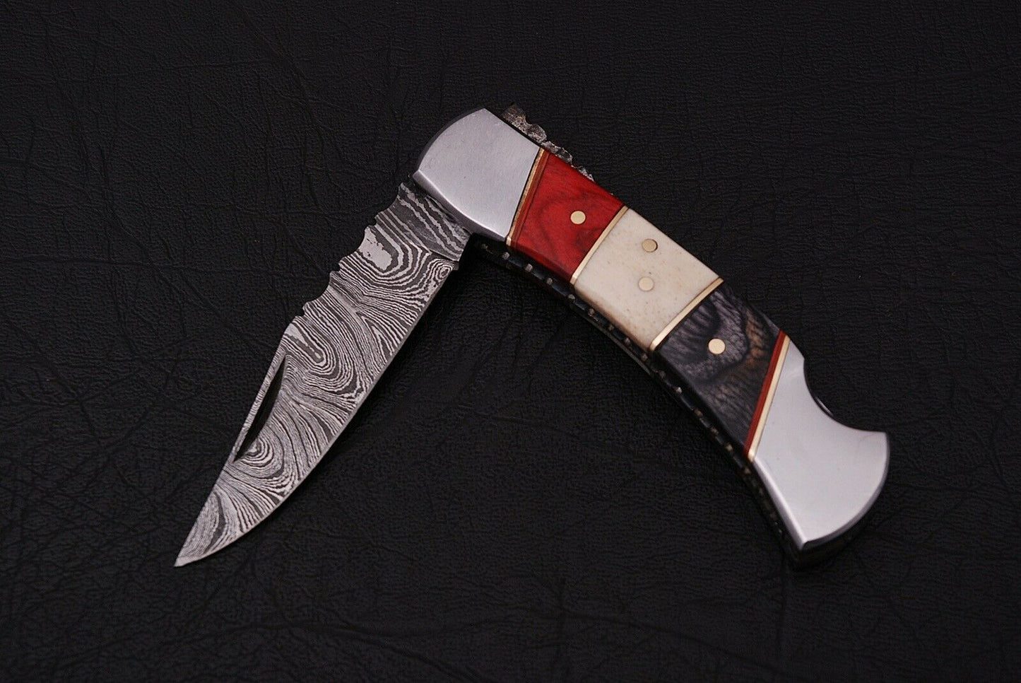 Custom Handmade Damascus Folding-Pocket Knife With Hard Wood & Bone Handle