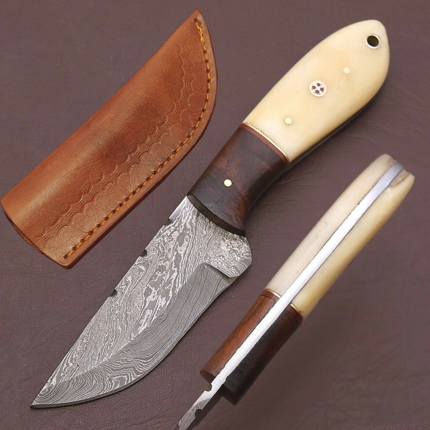 HS-779 Custom Handmade Damascus Skinner Knife With Bone + Wood Handle