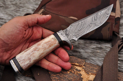 HS-493 Custom Handmade Damascus Hunting Knife With Beautiful Camel Bone Handle