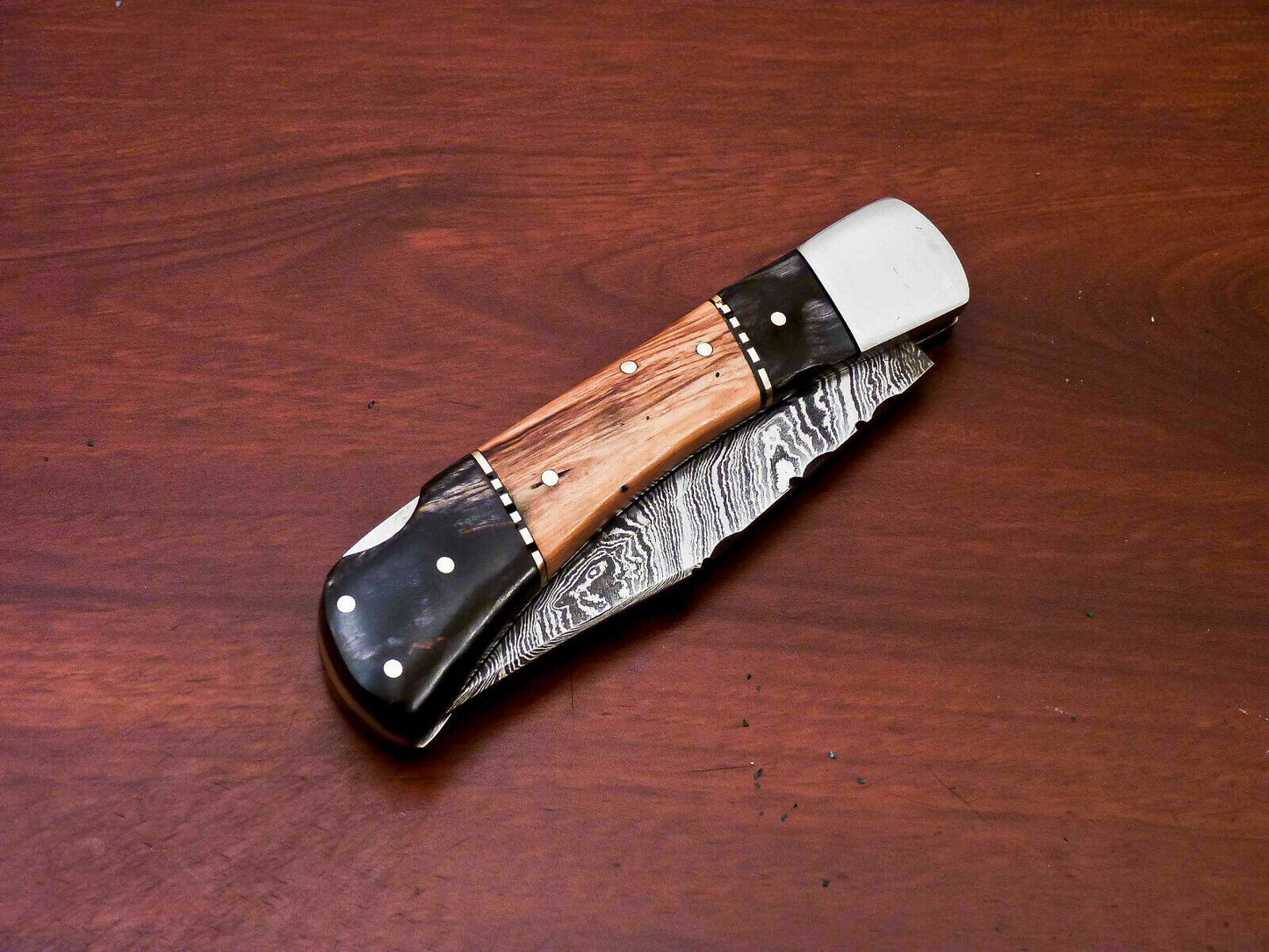 Custom Handmade Damascus Steel Back-Lock Pocket | Folding Knife | Leather Sheath - Camel Bone Handle