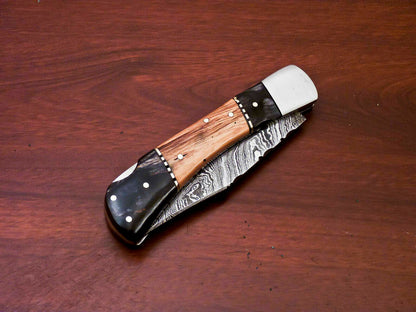 Custom Handmade Damascus Steel Back-Lock Pocket | Folding Knife | Leather Sheath - Camel Bone Handle