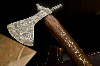 HS-1080 | Custom Handmade Damascus Smoking Tomahawk knife, Hatchet, Axe,Integral Natural Wood