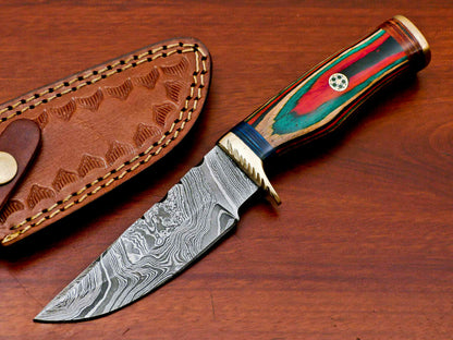HS-508 Custom Handmade Damascus Hunting/Skinner Knife With Three Shade Colour Hard Wood Handle