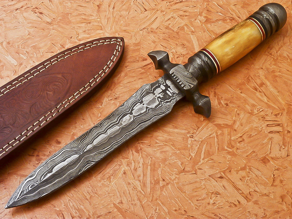 HS-869 Custom Handmade Damascus Dagger Knife With Colored Camel Bone Handle