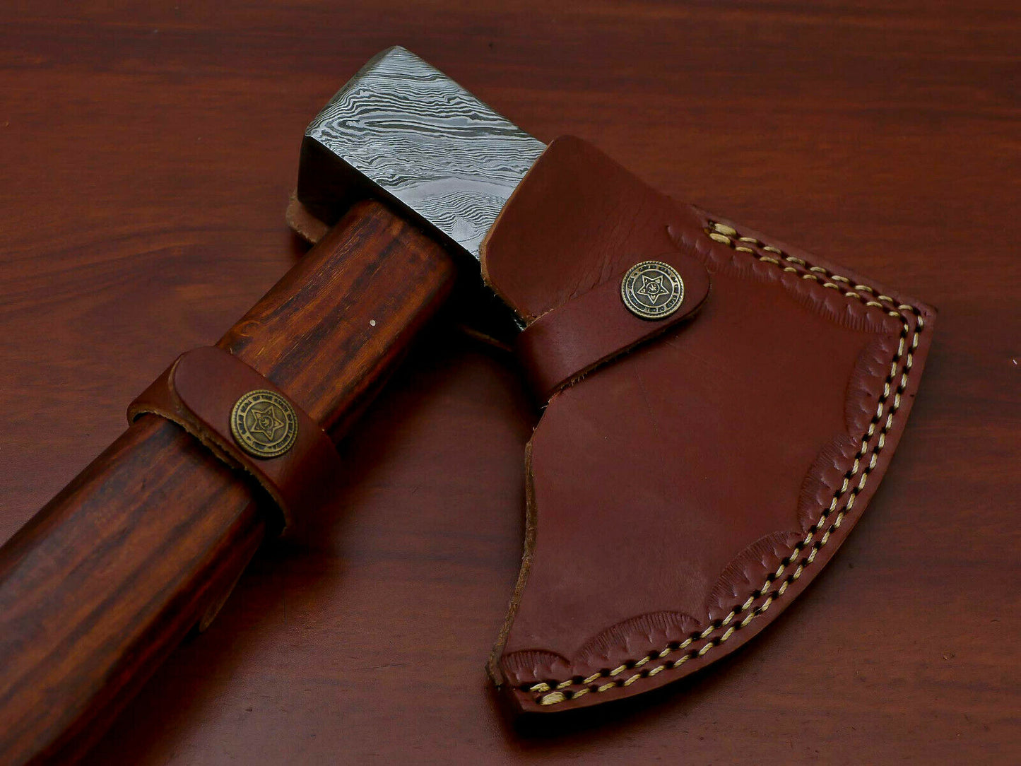 HS-1072 | Custom Handmade Damascus Hand Forged Tomahawk knife, Hatchet, Axe, Integral With Natural Wood