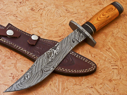 HS-347 | Custom Handmade Damascus Hunting/Bowie Knife With Colored Bone Handle
