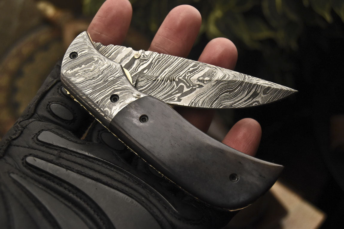 Custom Handmade Damascus Folding/Pocket Knife With Awesome Black Bone Handle