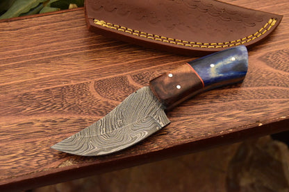 HS-839 Custom Handmade Damascus Skinner Knife With Stained Bone & Natural Wood Handle