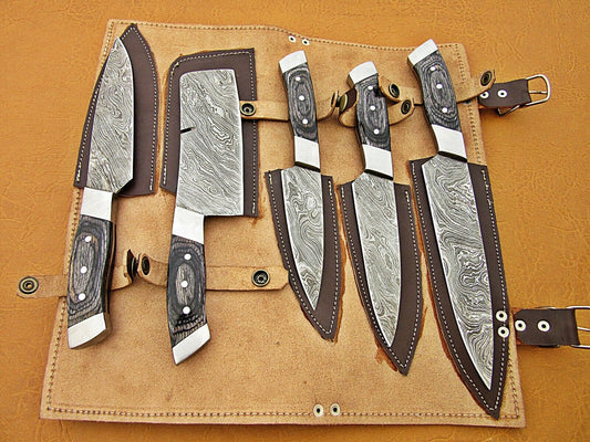 HS-223 Custom Handmade Damascus Kitchen-Chef Knives Set Lot Of Five Pecs With Black Sheet Handle
