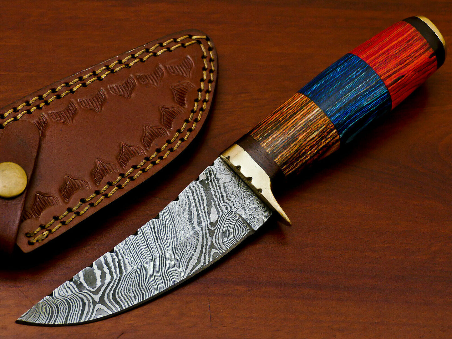 HS-810 Custom Handmade Damascus Skinner Knife With Three Custom Colour  Hard Wood Handle