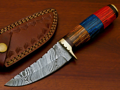 HS-810 Custom Handmade Damascus Skinner Knife With Three Custom Colour  Hard Wood Handle