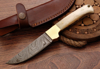 HS-760 Custom Handmade Damascus Skinner Knife + Brass Bolster And Camel Bone Handle