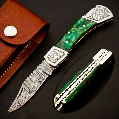 Damascus Steel Back Lock Folding Knife – Resin Handle | HS-1113