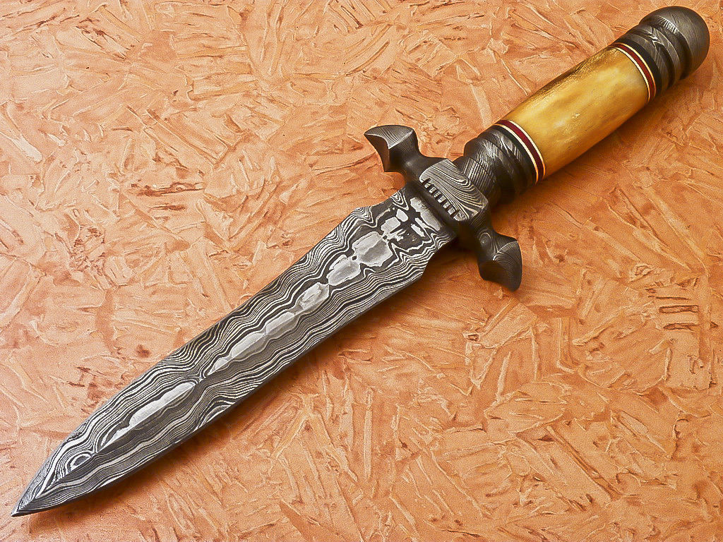 HS-869 Custom Handmade Damascus Dagger Knife With Colored Camel Bone Handle