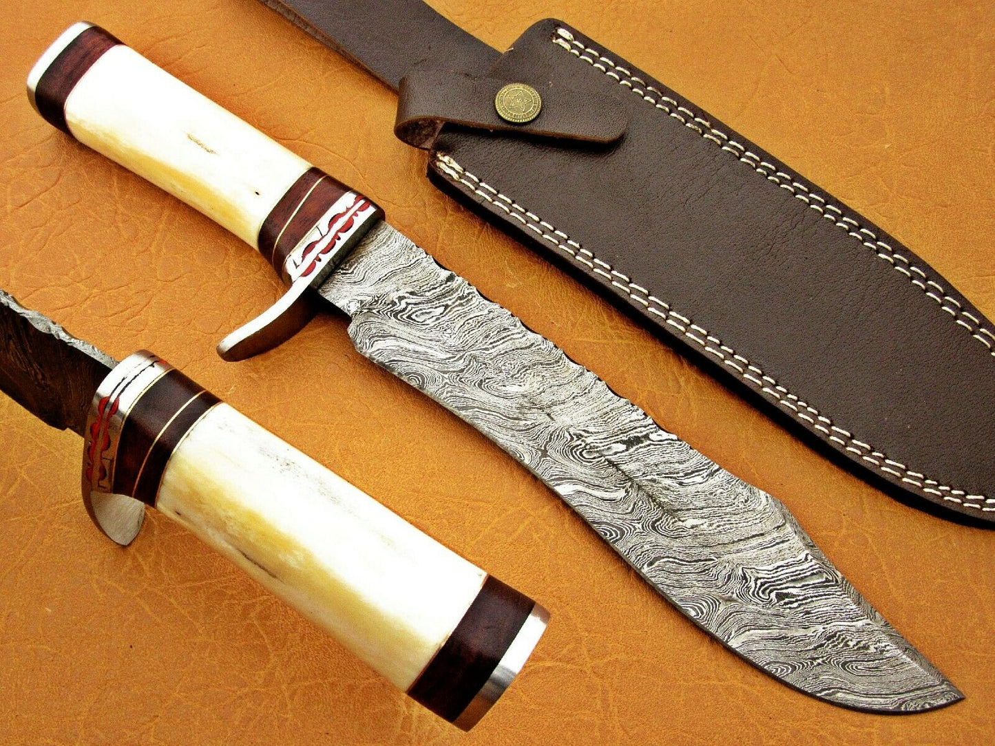 HS-337 | Custom Handmade Damascus Bowie-Hunting Knife With Camel Bone Handle