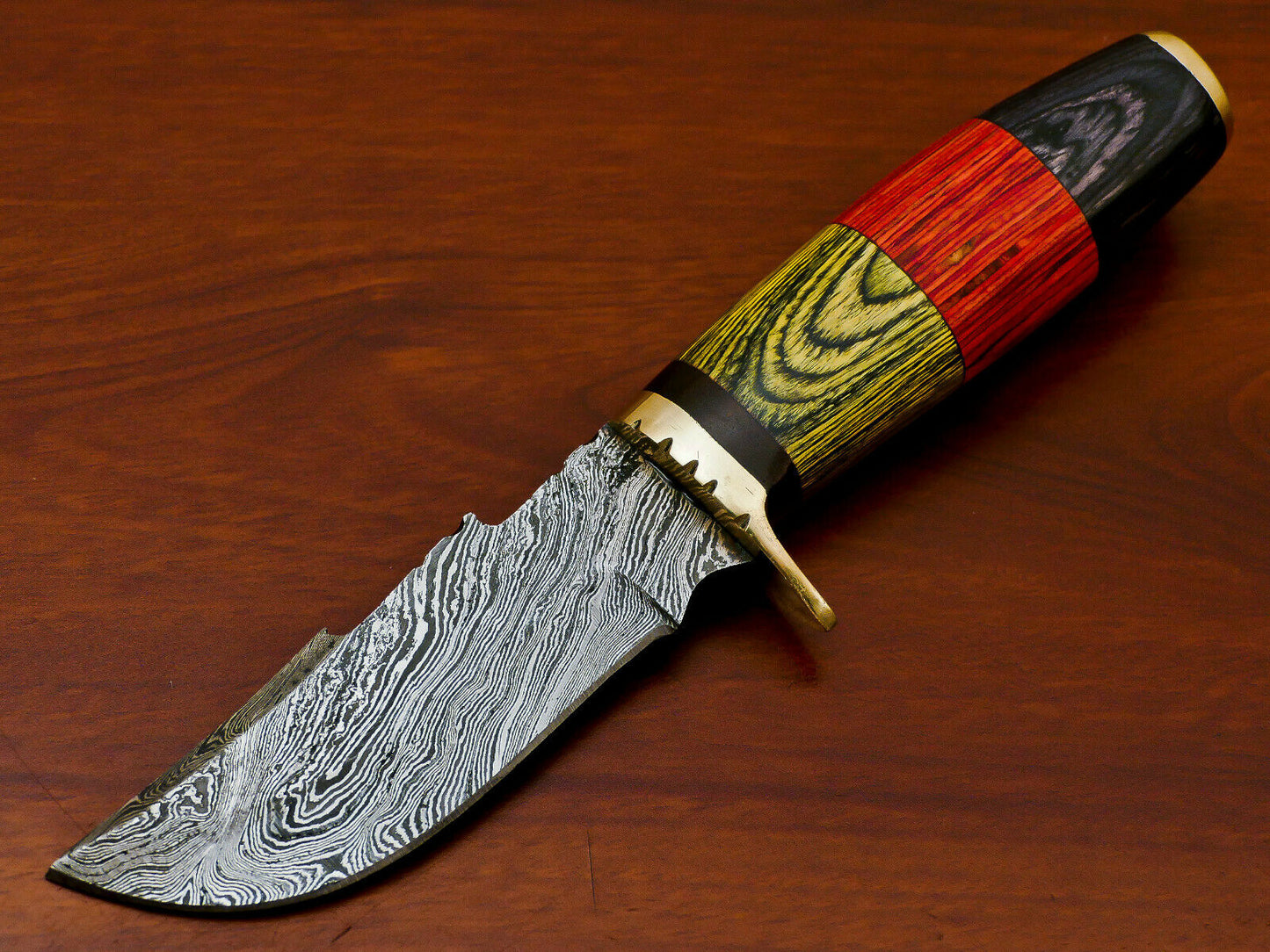 HS-812 Custom Handmade Damascus Skinner Knife With Three Colour  Hard Wood Handle