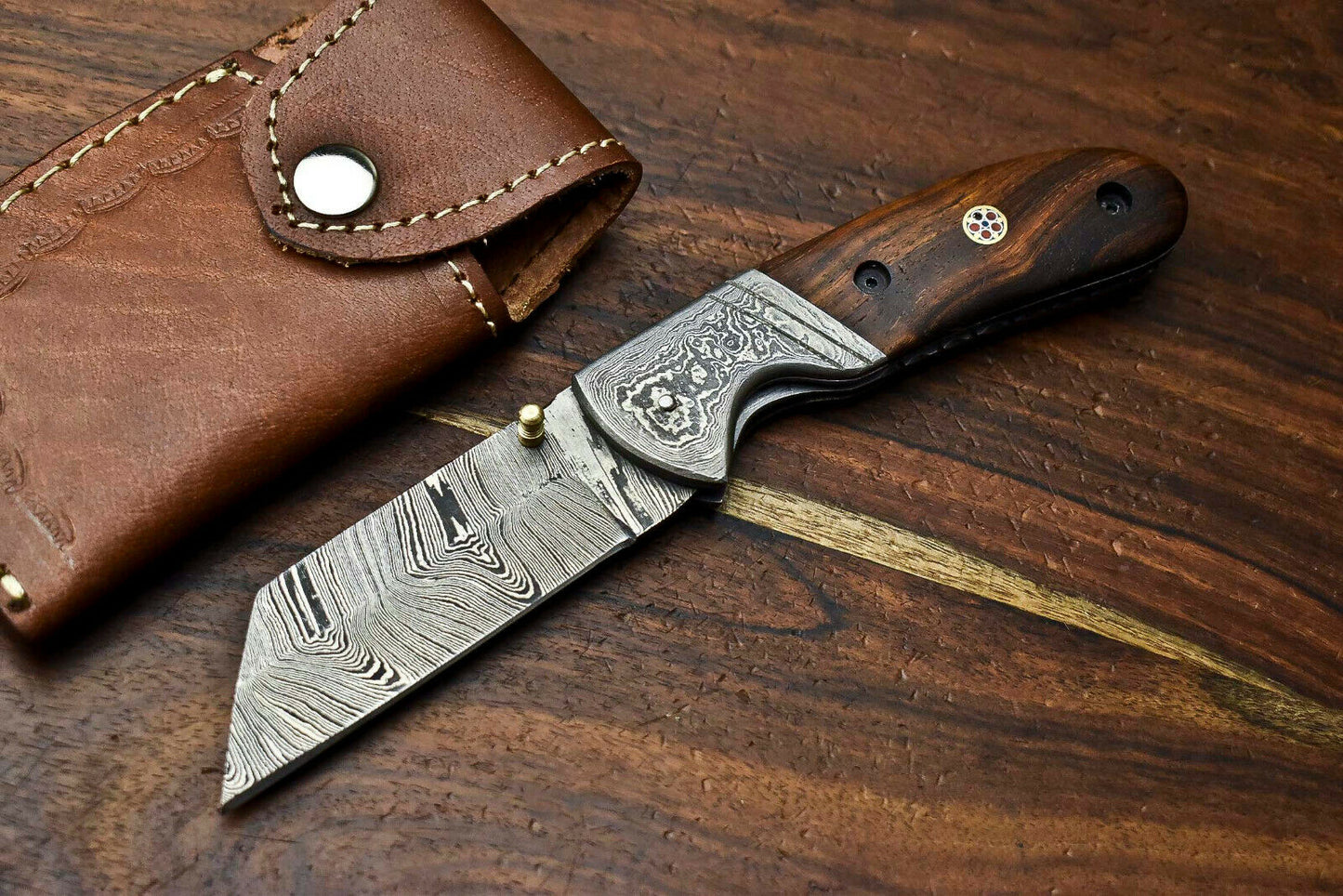 Custom Handmade Damascus Steel Blade Liner-Lock Pocket Folding Knife| HARD WOOD