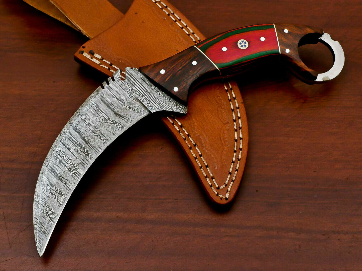 HS-888 HANDMADE DAMASCUS CUSTOM ROSE/PAKKA WOOD KARAMBIT HUNTING KNIFE