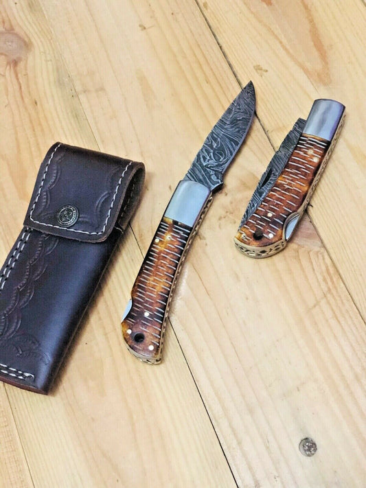 Custom Handmade Damascus Steel Back-Lock Pocket | Folding Knife | Leather Sheath- Buffalo Horn Handle