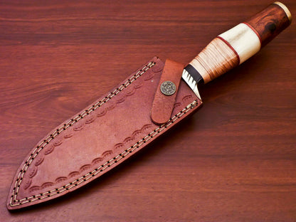 HS-519  Custom Handmade Damascus Hunting Blade Knife With Natural & Hard Wood+Bone Handle