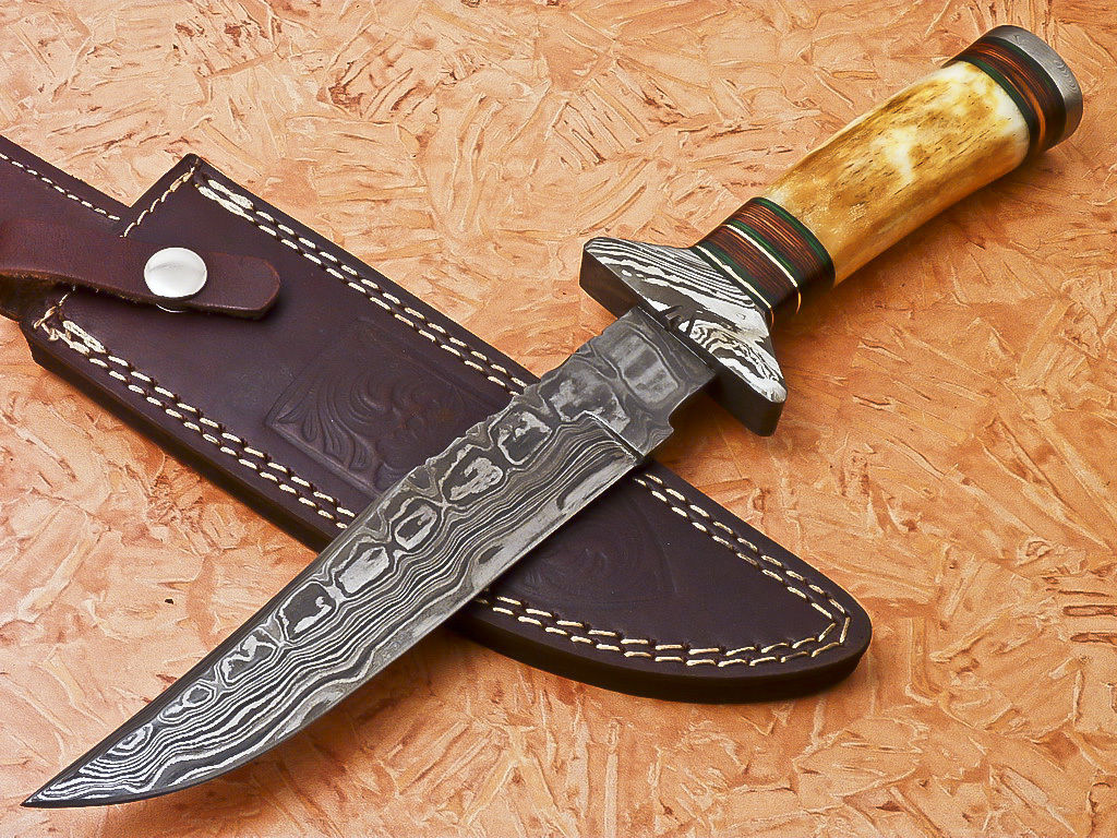 Custom Handmade Damascus Hunting Knife With Bone Handle