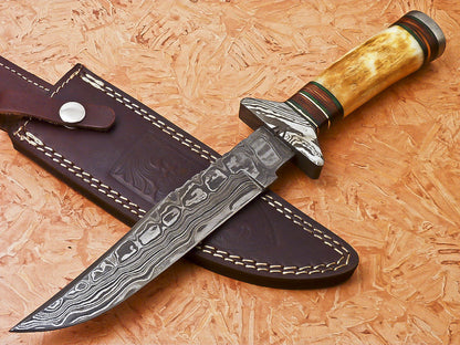 Custom Handmade Damascus Hunting Knife With Bone Handle
