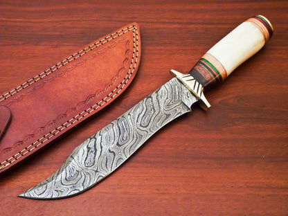 HS-515 Custom Handmade Damascus Bowie/Hunting Knife With Bone & Wood Handle