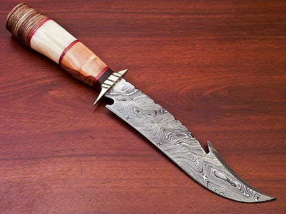 HS-523 Custom Handmade Damascus Hunting Knife With Natural Wood & Bone Handle