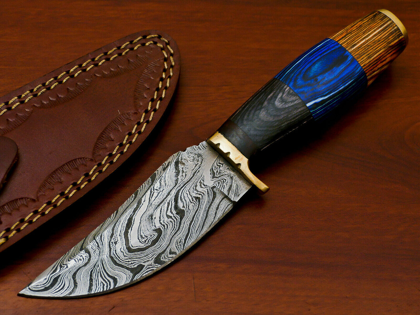 HS-811 Custom Handmade Damascus Skinner Knife With Three Shade Colour  Hard Wood Handle