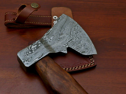HS-1066 | Custom Handmade Damascus Hand Forged Tomahawk knife, Hatchet, Axe, Integral With Natural Wood