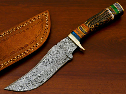 HS-513 Custom Handmade Damascus Hunting Knife With Stag Horn Handle