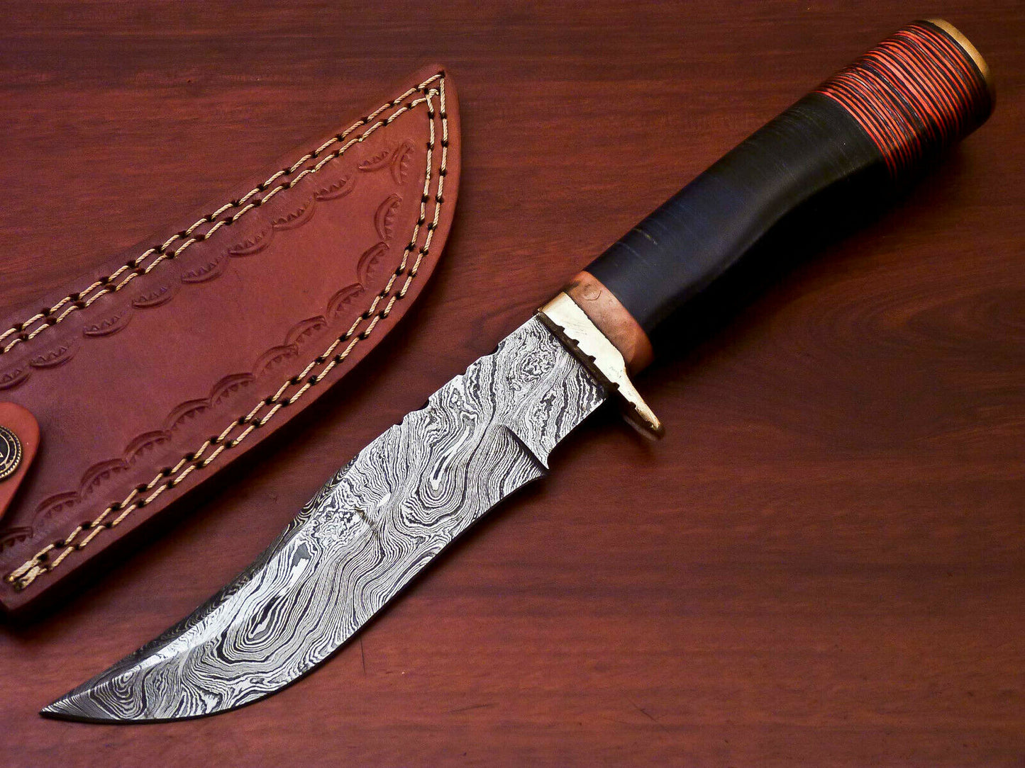 HS-516 Custom Handmade Damascus Hunting Knife With Black Hard Wood & Leather Handle