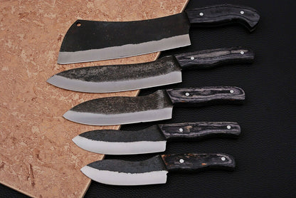 HS-185 Custom Handmade High Carbon Steel Chef-Kitchen Knife Set With Hard Wood Handle