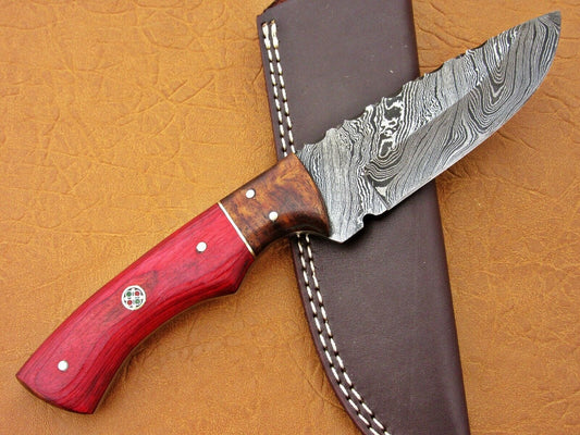 HS-768 Custom Handmade Damascus Skinner Knife With Hard Wood & Rose Wood Hanlde
