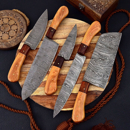 HS-149 Custom Handmade HAND FORGED DAMASCUS STEEL CHEF KNIFE Set Kitchen Knives