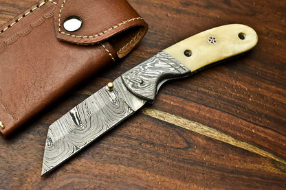 HS-1133 Custom Handmade Damascus Steel Blade Liner-Lock Pocket Folding Knife| CAMEL BONE
