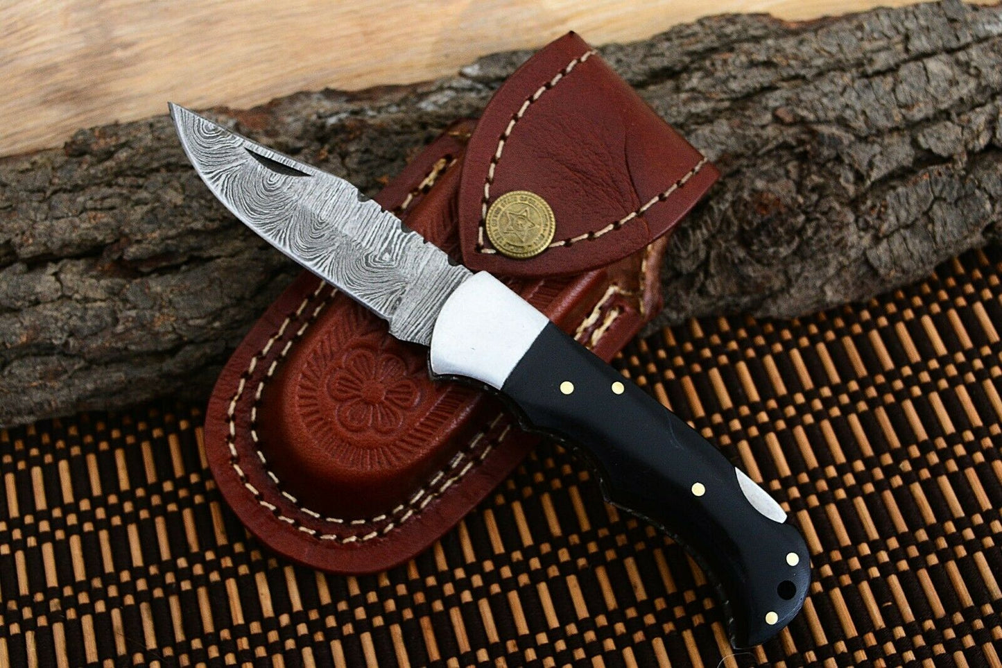 Custom Handmade Damascus Steel Back-Lock Pocket | Folding Knife | Leather Sheath- Black Sheet Handle