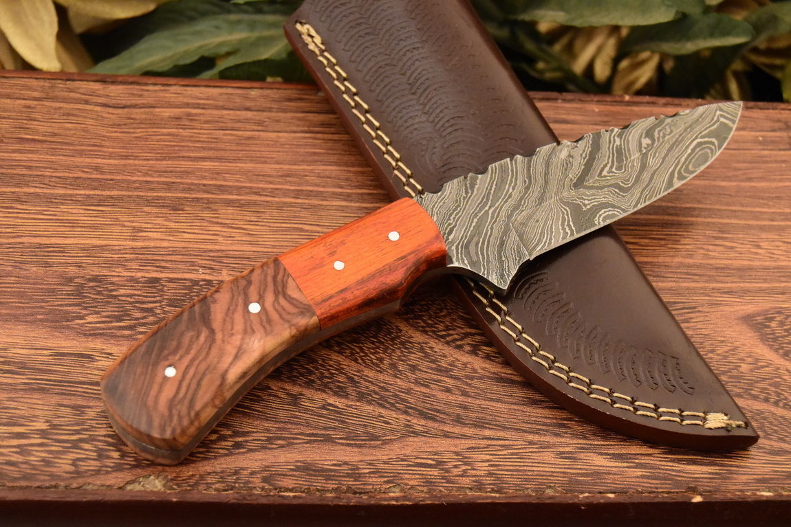 HS-834 Custom Handmade Damascus Skinner Knife With Hard Wood & Olive Wood Handle